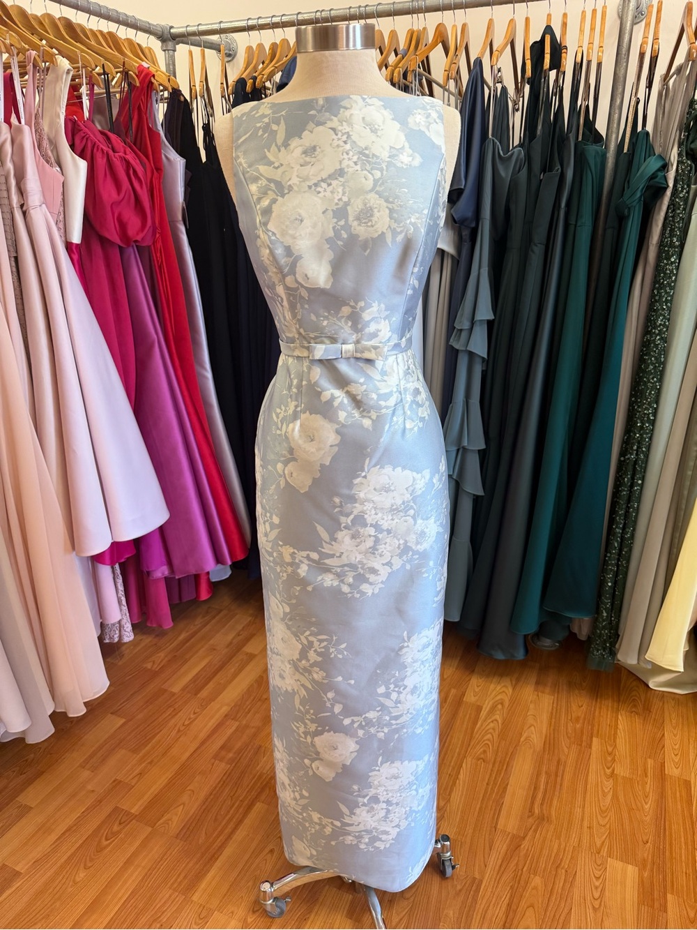 Dessy Betty Elegant Dress in Porcelain Blue Serafina Floral Satin Twill - Picture 3 of 4